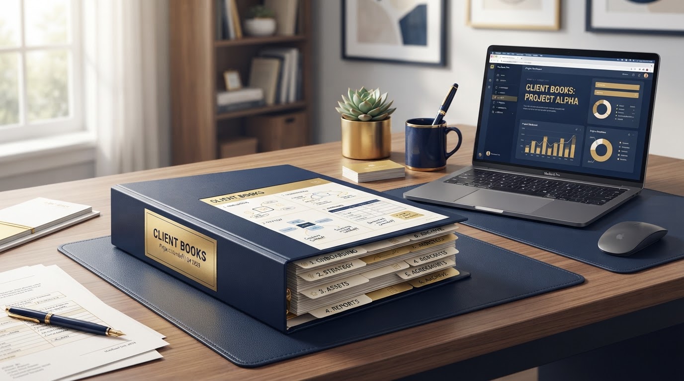 Clean organized client books handoff binder with tabbed sections on a tidy desk