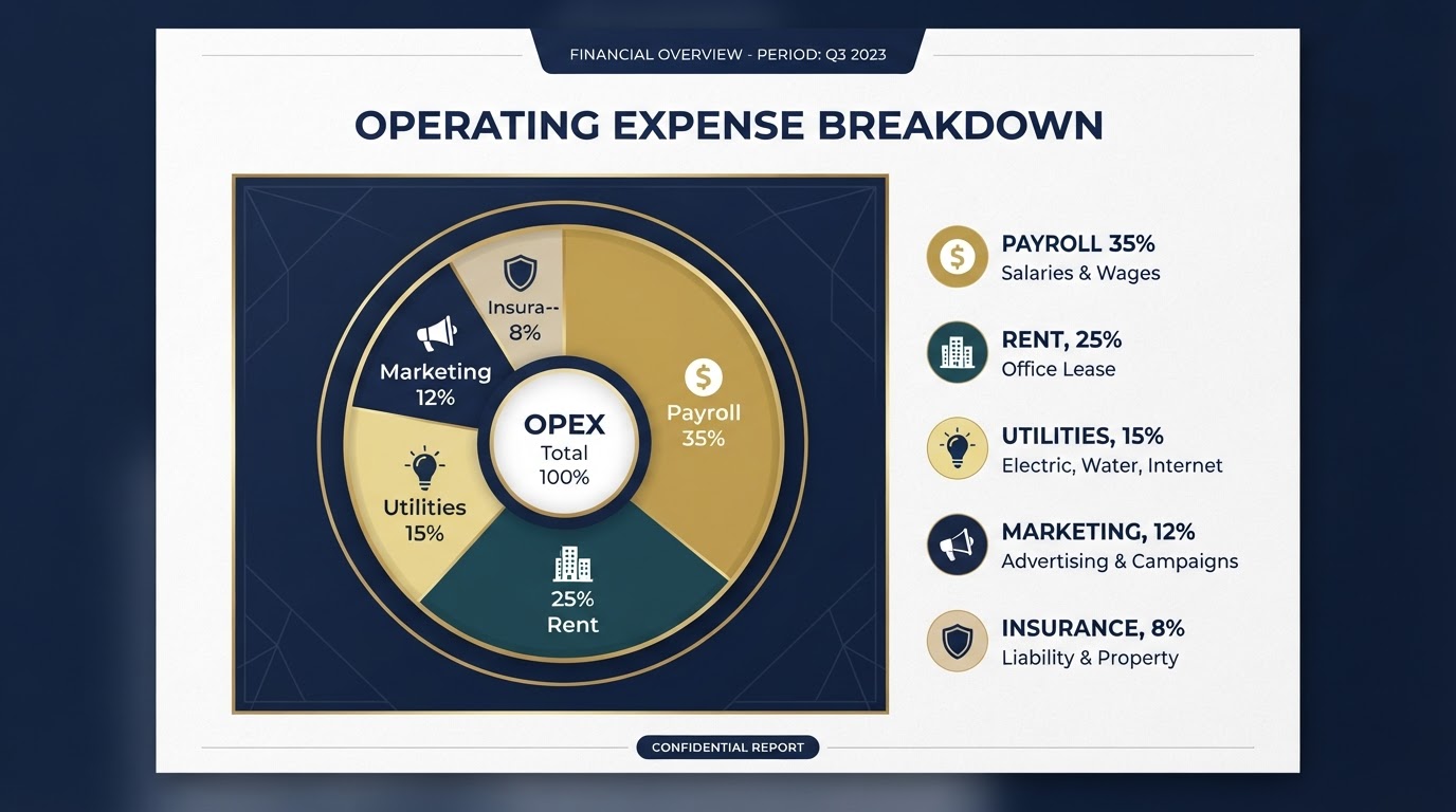 Operating expense categories pie chart showing rent, utilities, payroll, marketing, and insurance