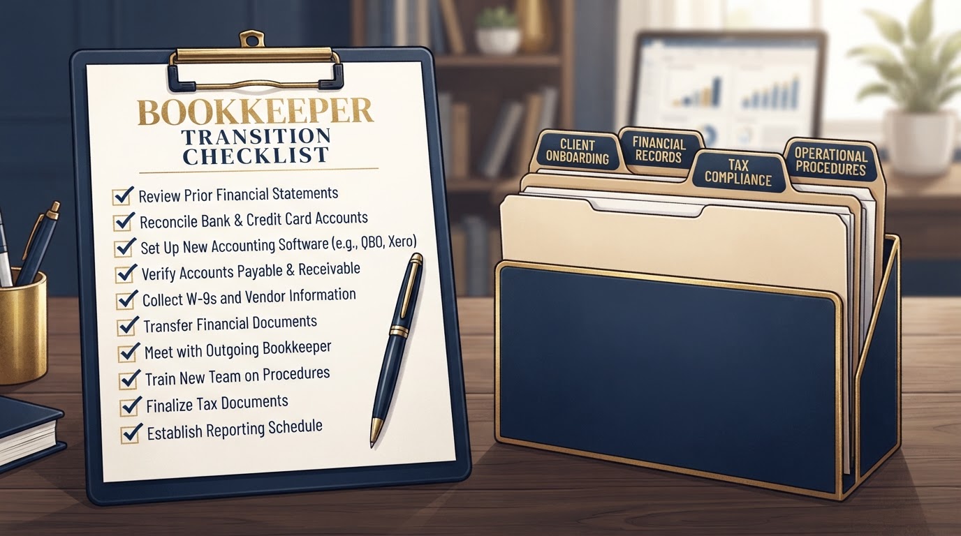 Bookkeeper transition checklist with checkmarks and an organized folder system