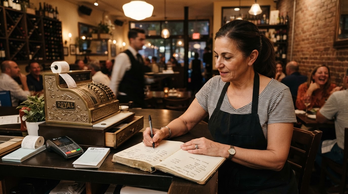 Restaurant owner writing in a daily cash log notebook next to a cash register