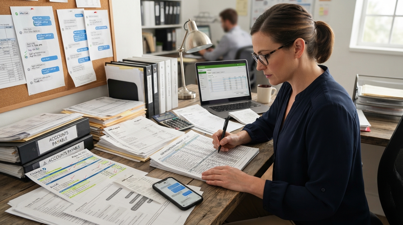 Bookkeeper reconstructing cash payment records using bank statements and vendor invoices