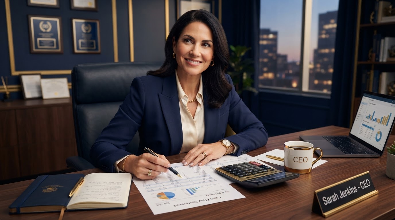 Business owner studying a cash flow statement at a desk with a calculator