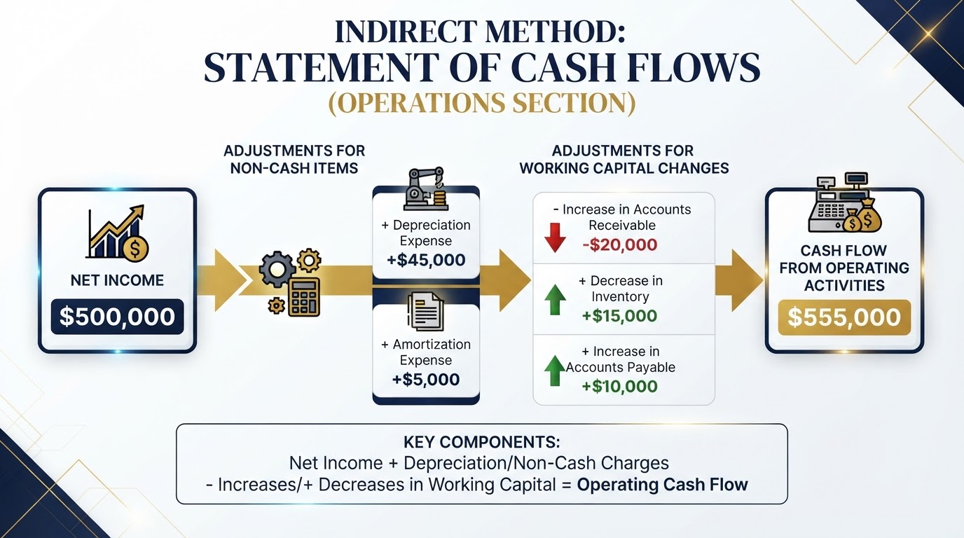 Indirect method of cash flow starting from net income, adding back depreciation, adjusting for working capital changes