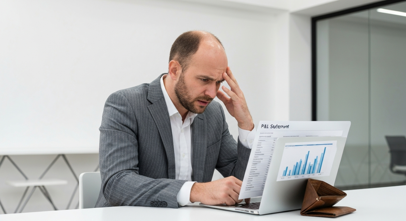 Business owner looking at empty bank account while reviewing profitable P&L statement