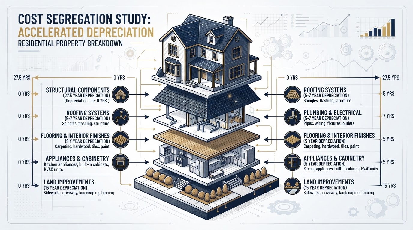 Cost segregation study concept showing property broken into labeled depreciation component layers