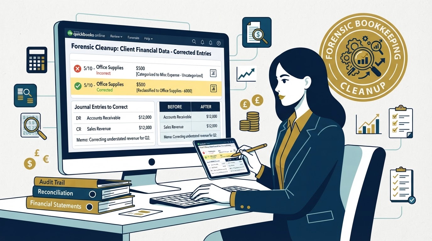 Professional accountant performing a forensic bookkeeping cleanup, reviewing and correcting QuickBooks entries with journal entries and checkmarks