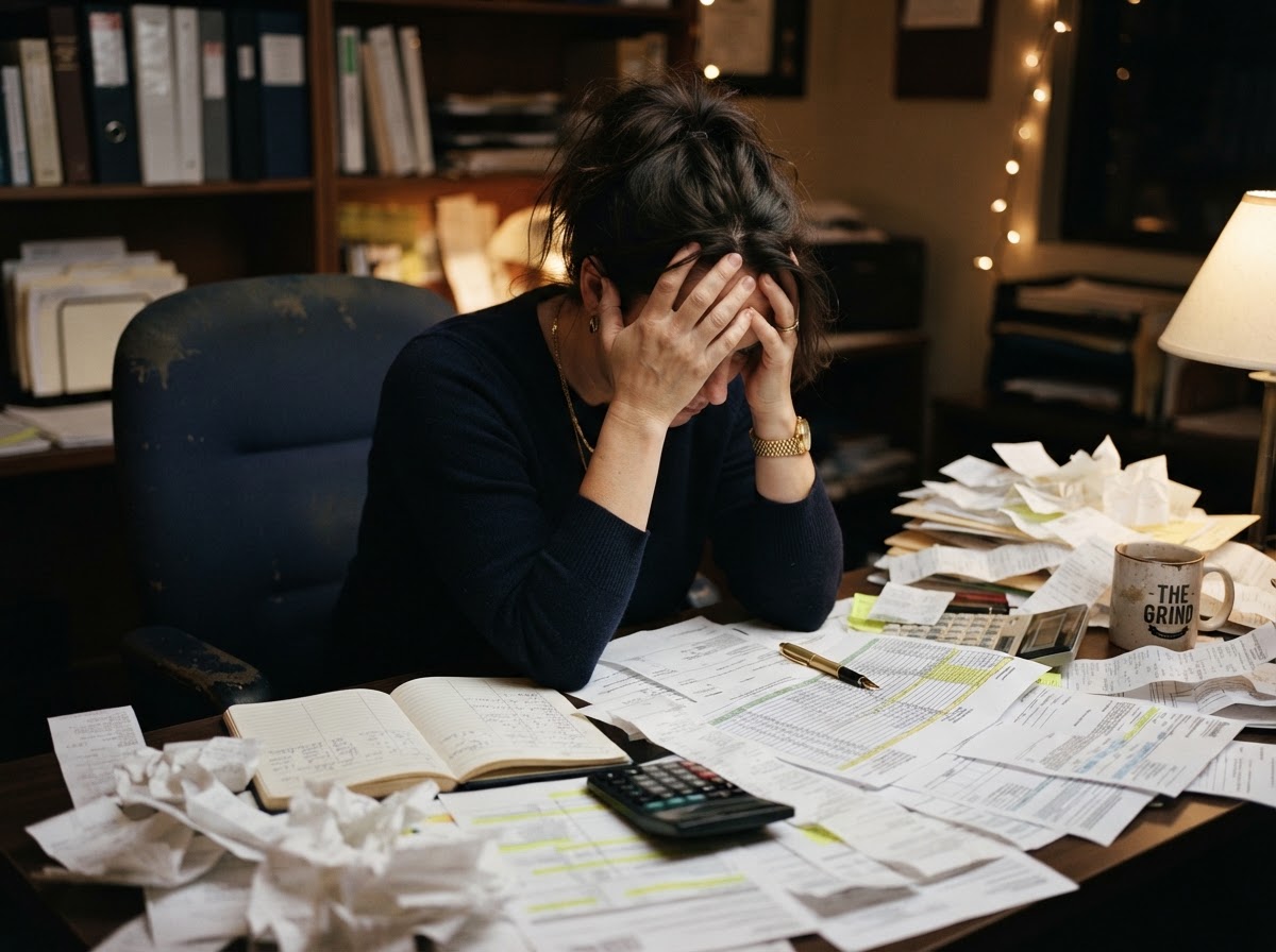 Overwhelmed business owner surrounded by messy receipts and invoices at a cluttered desk
