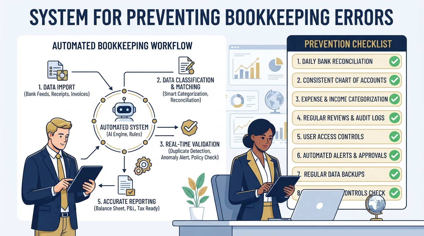 Prevention system checklist with green checkmarks and bookkeeping workflow diagram