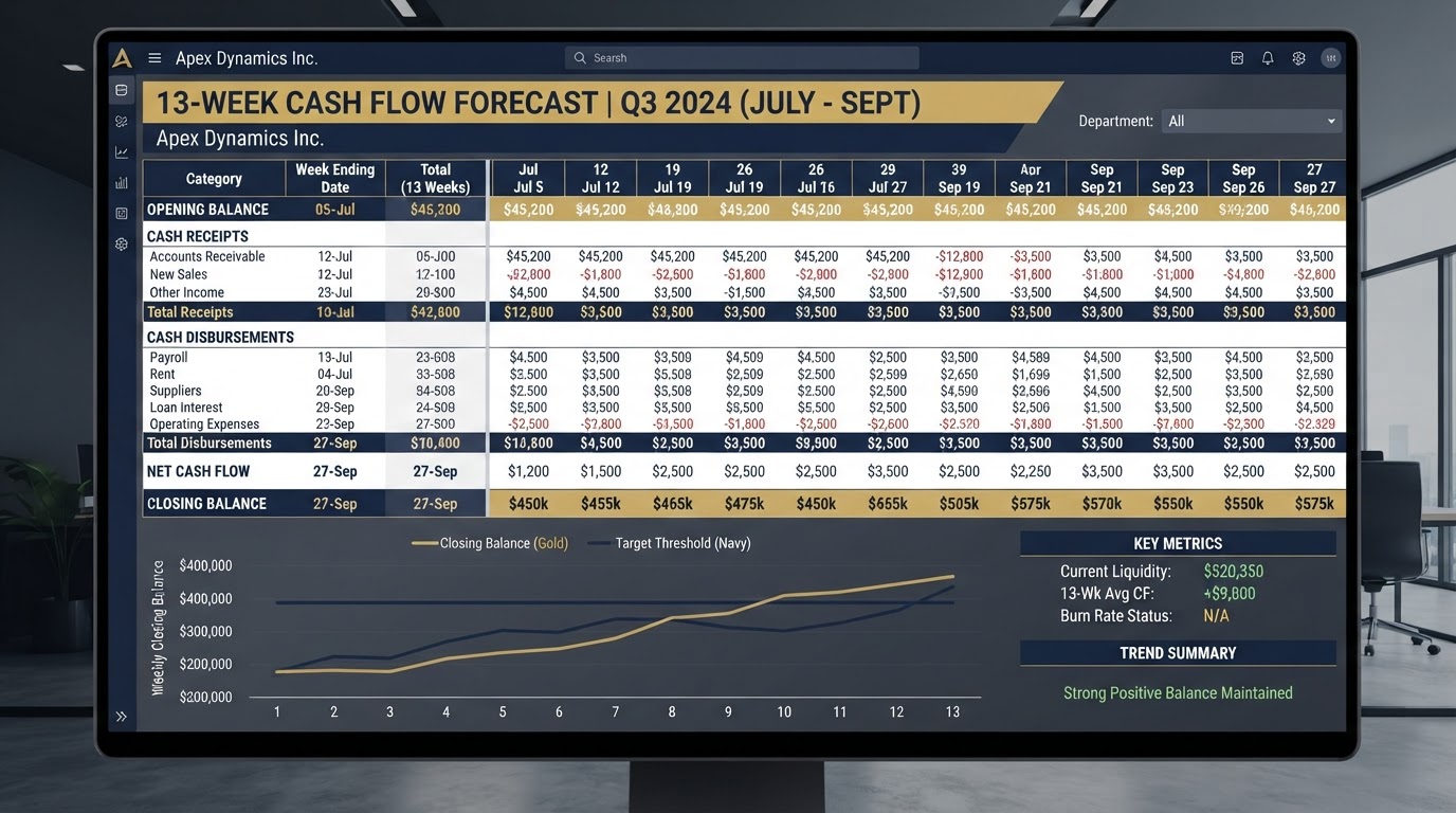 13-week cash flow forecast with weekly projections