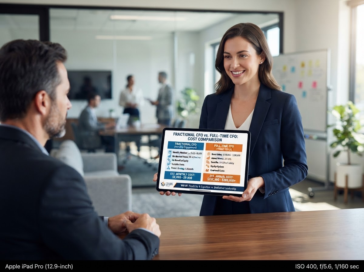 Cost comparison showing fractional CFO monthly cost versus full time CFO annual salary on a tablet