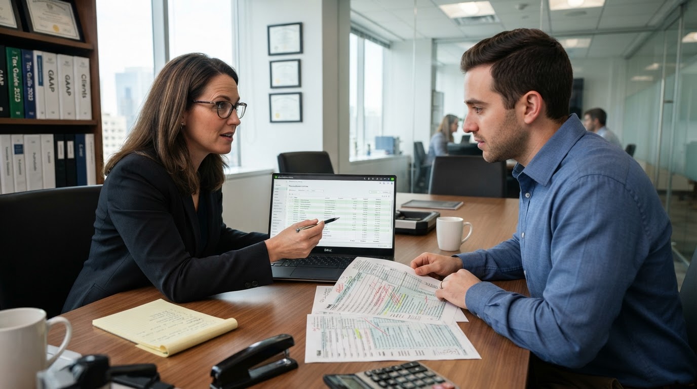 An accountant and client reviewing a line by line reconciliation of tax records on a laptop