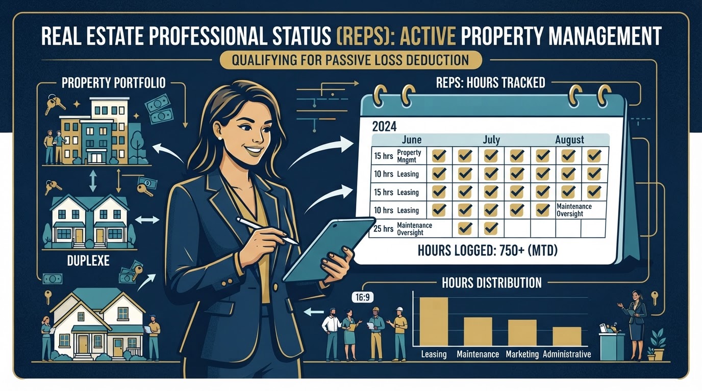 Real Estate Professional Status concept showing hours tracked across multiple rental properties