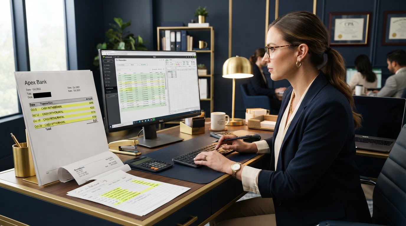 Bookkeeper reviewing bank statements with cash withdrawal records highlighted on a computer screen