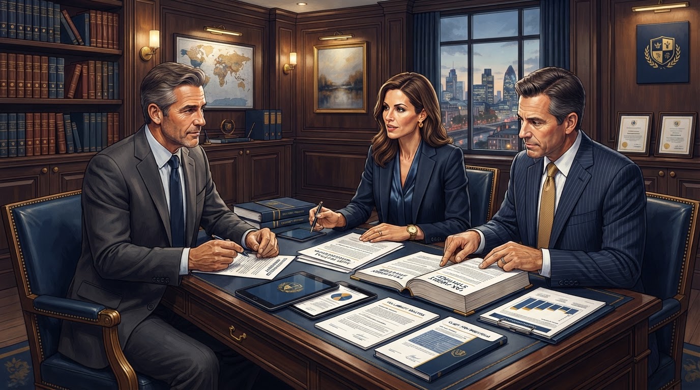High-net-worth individual meeting with tax advisor and attorney to review audit defense strategy