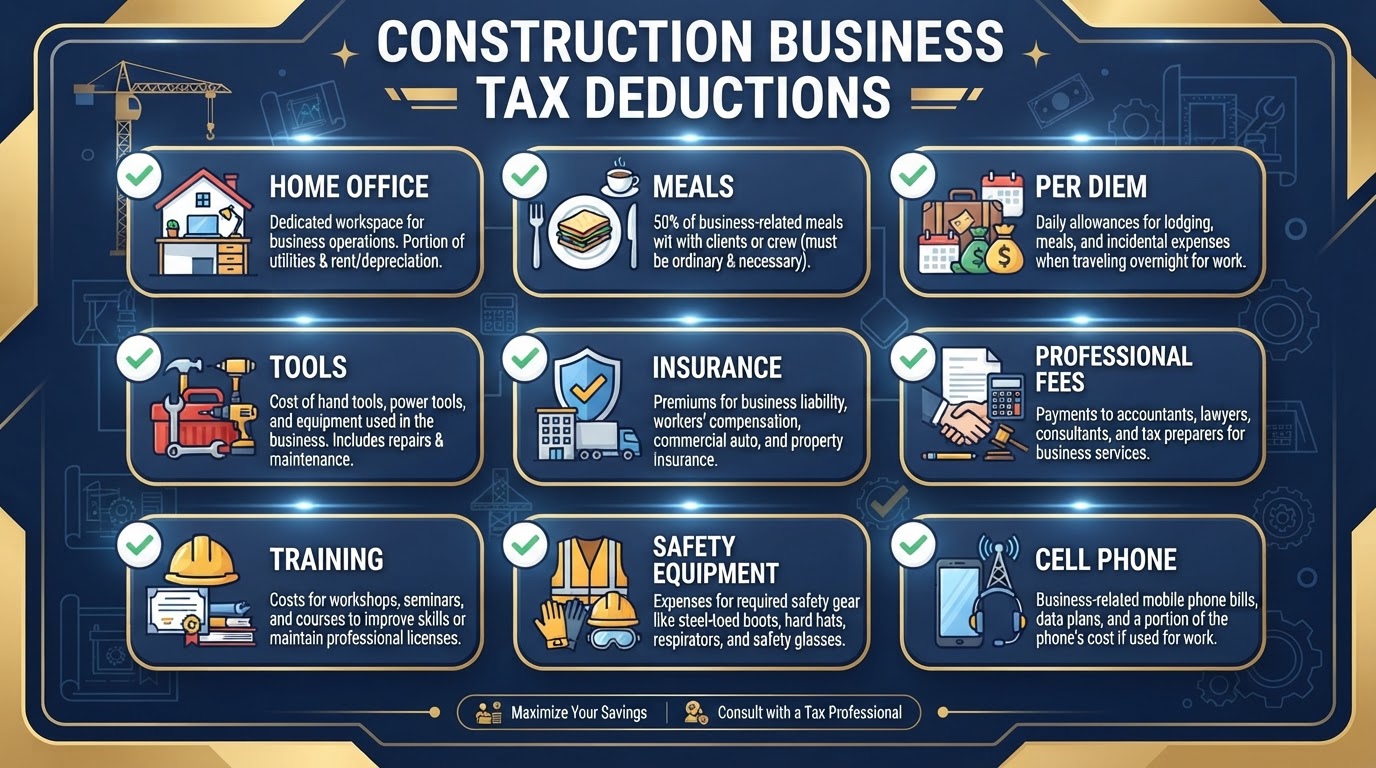 Construction business tax deductions checklist including home office, meals, per diem, tools, insurance, and safety gear