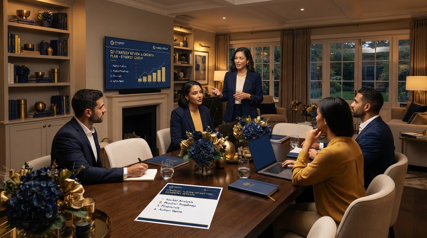 Corporate meeting held at a residence with agenda and attendees
