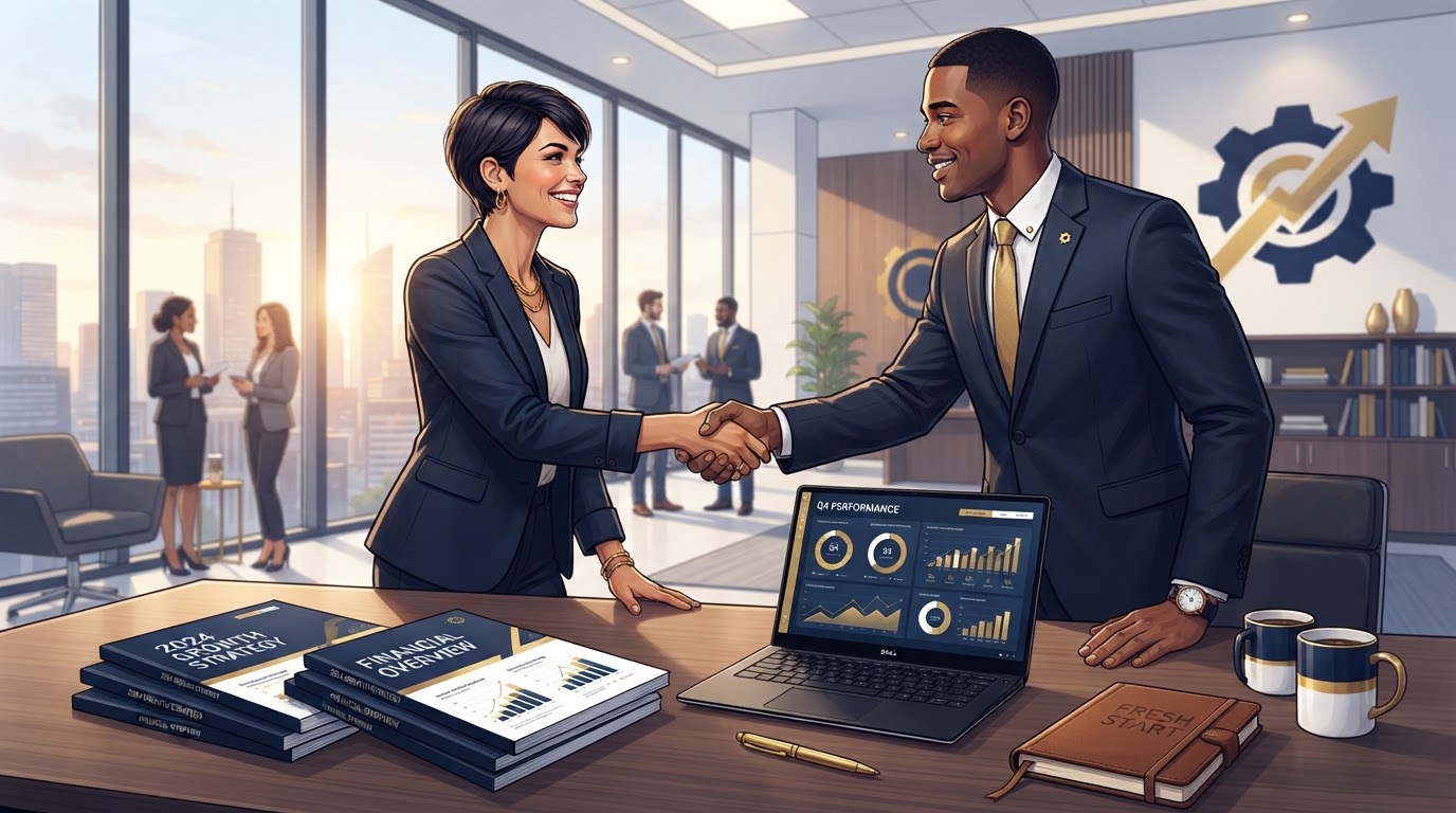 Two professionals shaking hands over clean financial reports representing a fresh start