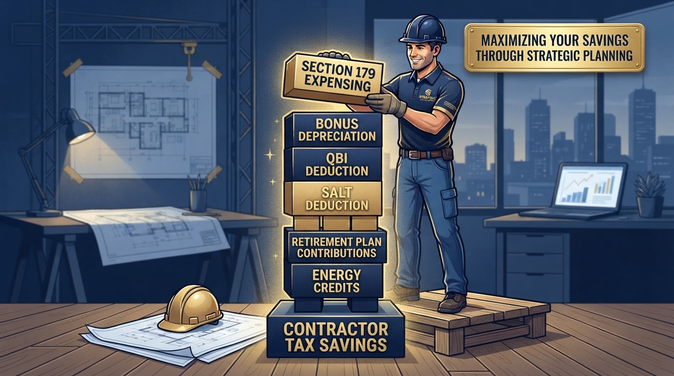 Contractor stacking multiple tax provisions like building blocks - QBI, bonus depreciation, Section 179, SALT - into a tower representing combined tax savings