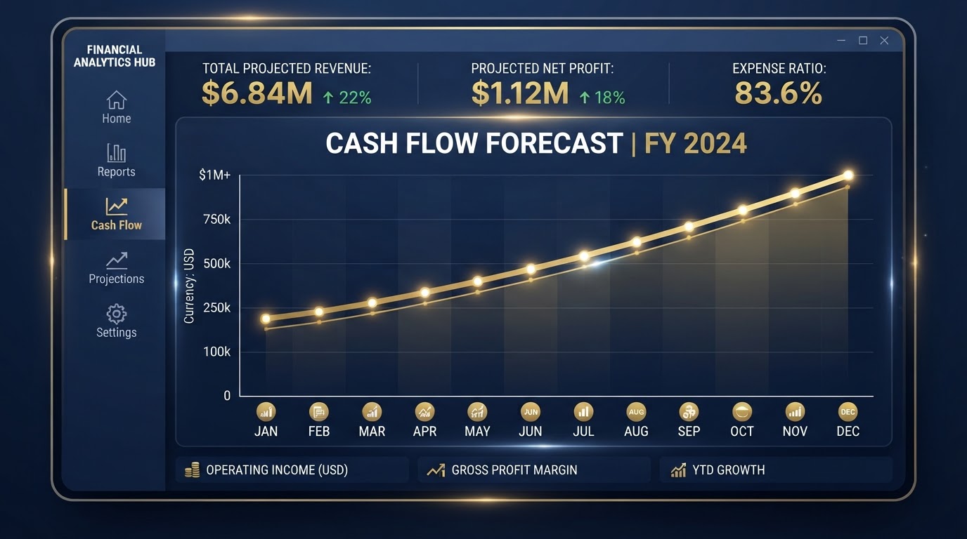 Cash flow forecast chart showing steady upward trend with monthly projections