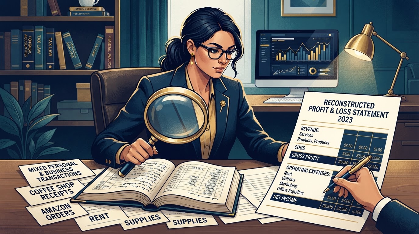 Forensic bookkeeper reconstructing a clean profit and loss statement from mixed personal and business transactions