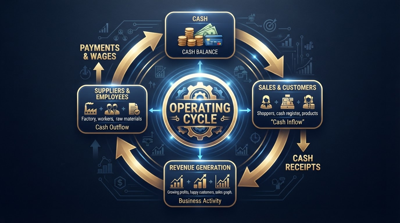 Operating activities cycle showing cash inflows from customers and outflows to suppliers and employees