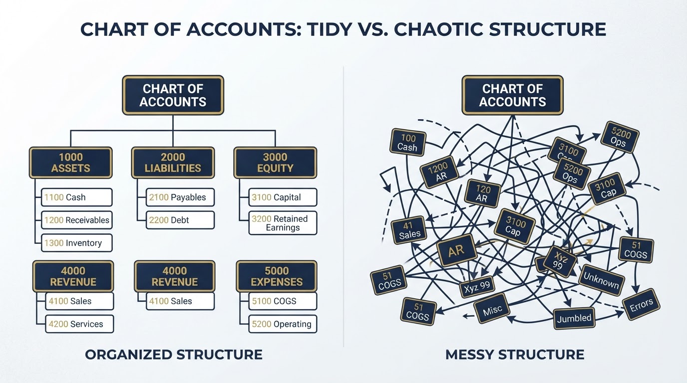 Clean organized chart of accounts tree diagram contrasted with a tangled messy version