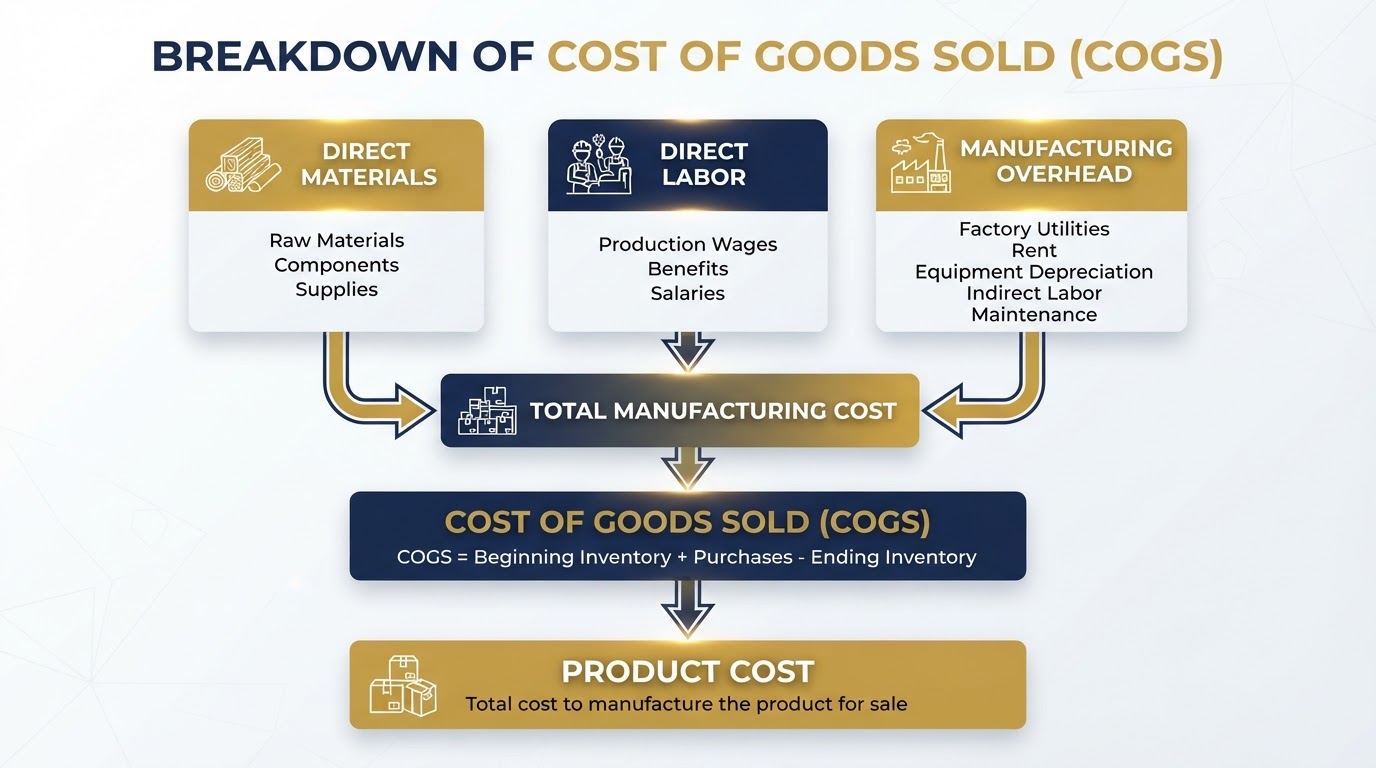 Cost of goods sold breakdown diagram showing materials, labor, and overhead costs
