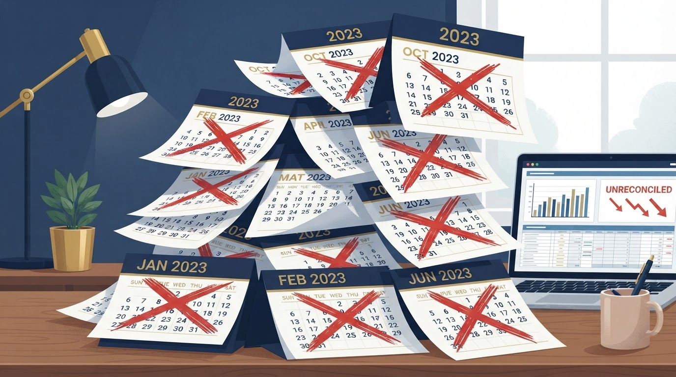 Calendar showing months piling up with unreconciled periods marked, representing falling behind on bookkeeping