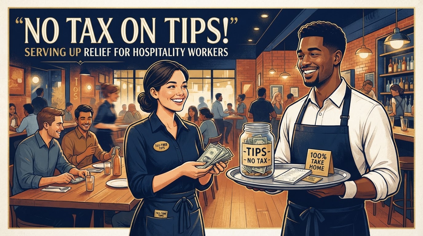Restaurant server with a tip jar representing the no tax on tips provision