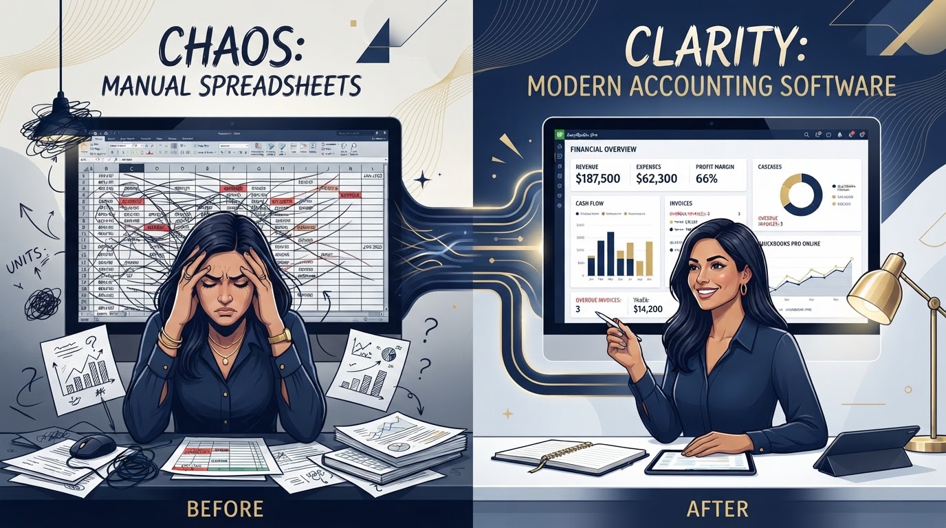 Comparison of a chaotic spreadsheet transitioning to clean accounting software dashboard