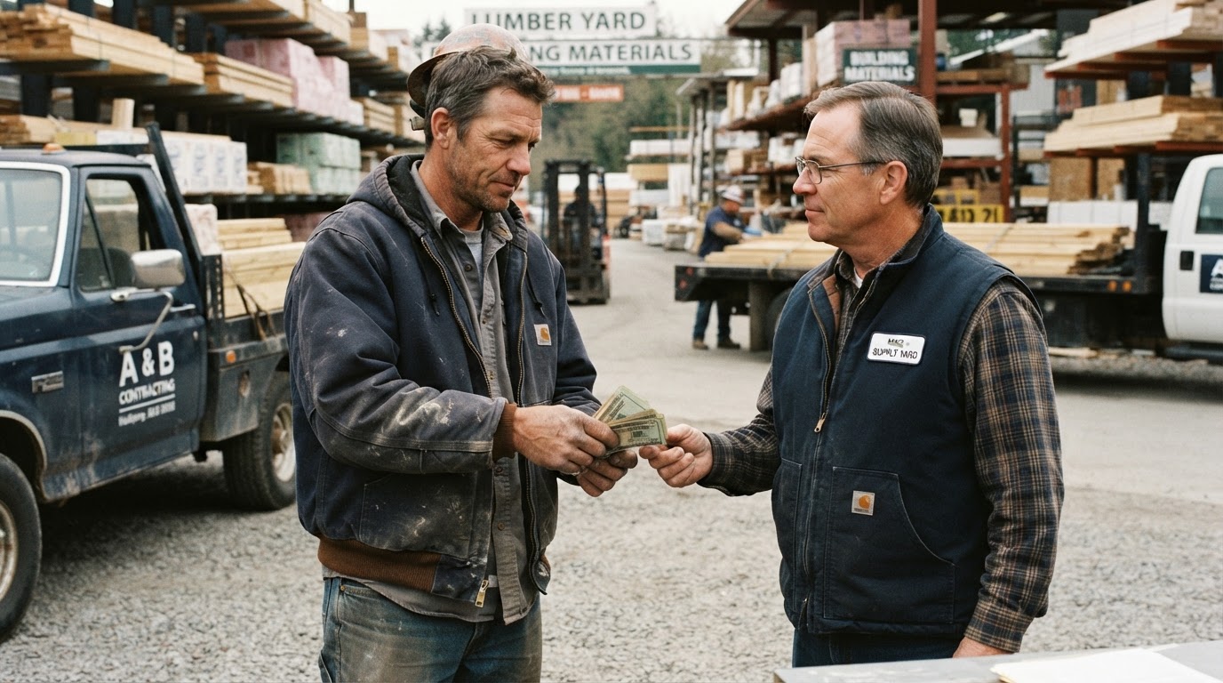 Construction contractor handing cash to a supplier at a building supply yard