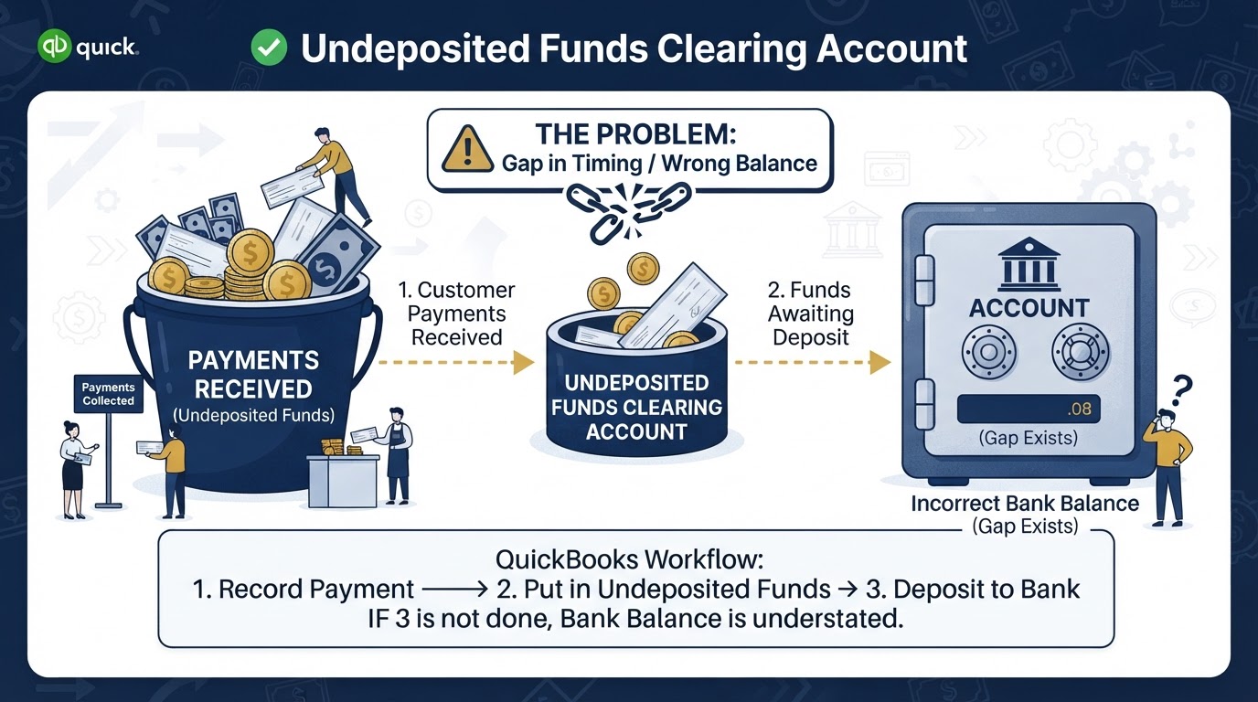 Illustration of the Undeposited Funds clearing account concept showing payments held in a bucket before moving to the bank account