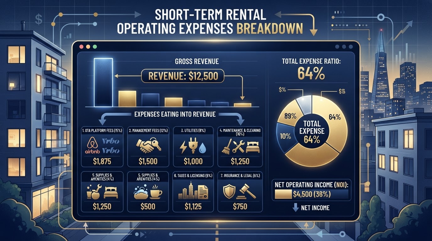 Short-term rental operating expenses breakdown showing management fees, utilities, maintenance, and platform fees