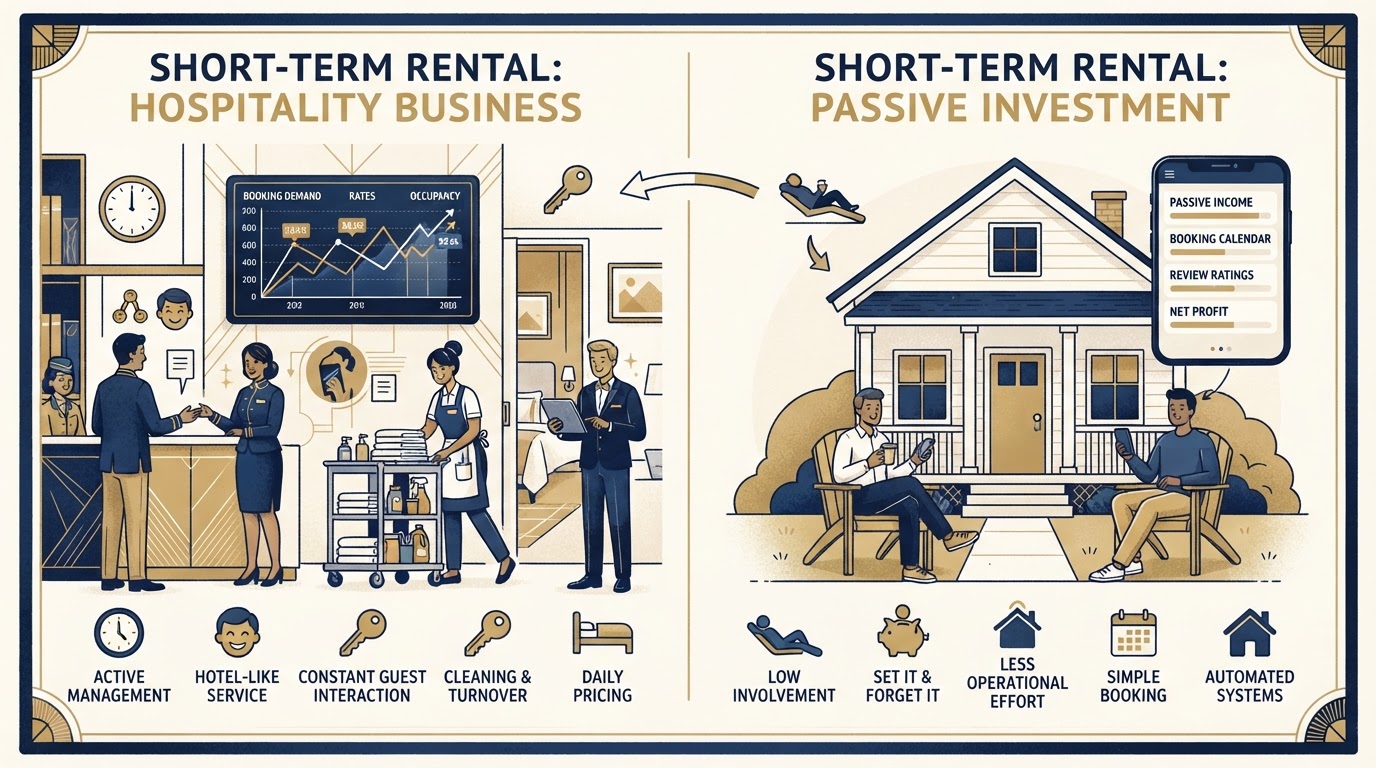 Short-term rental operated as a hospitality business with cleaning staff, guest communications, and dynamic pricing