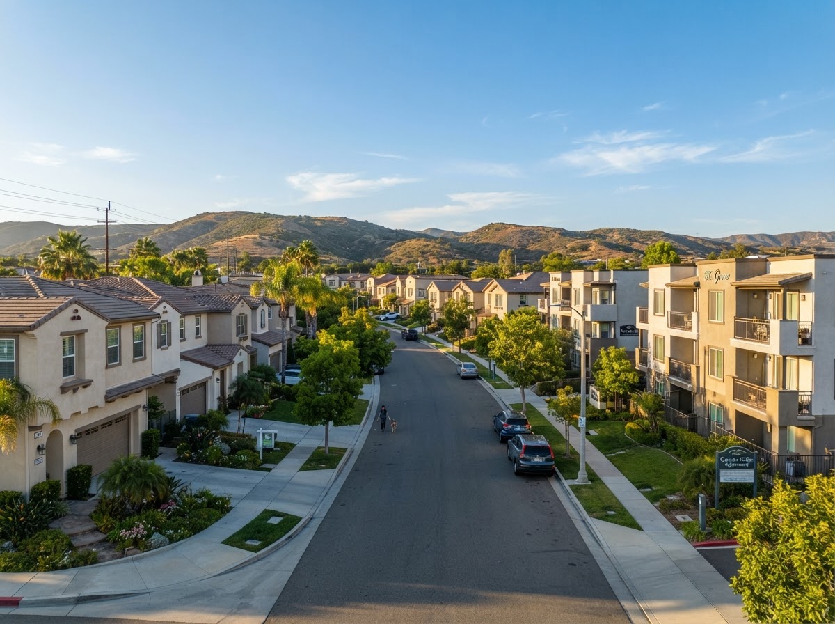 Southern California residential rental property neighborhood in the Inland Empire with rows of modern homes