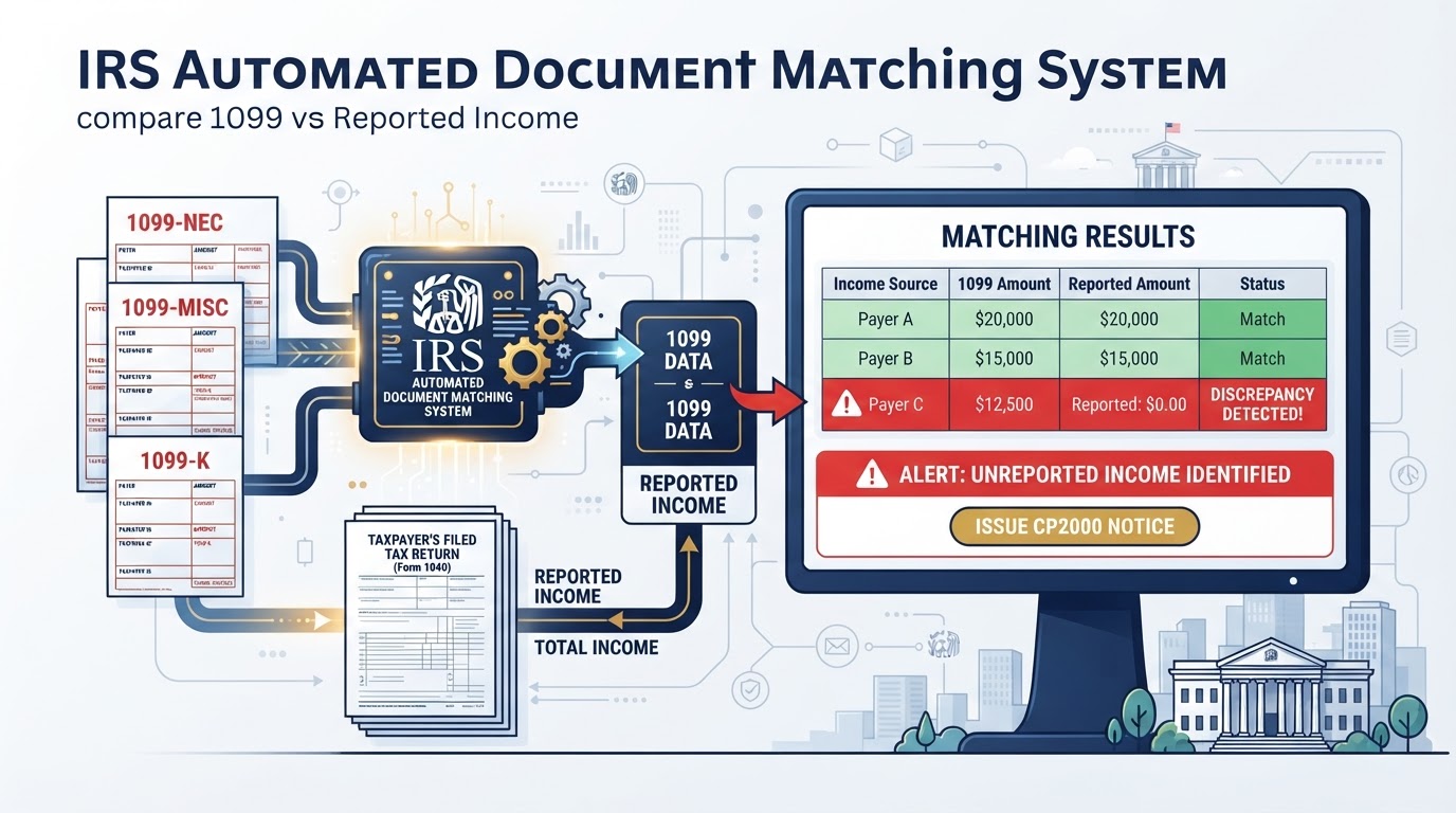 IRS automated 1099 document matching system comparing reported income to issued 1099 forms
