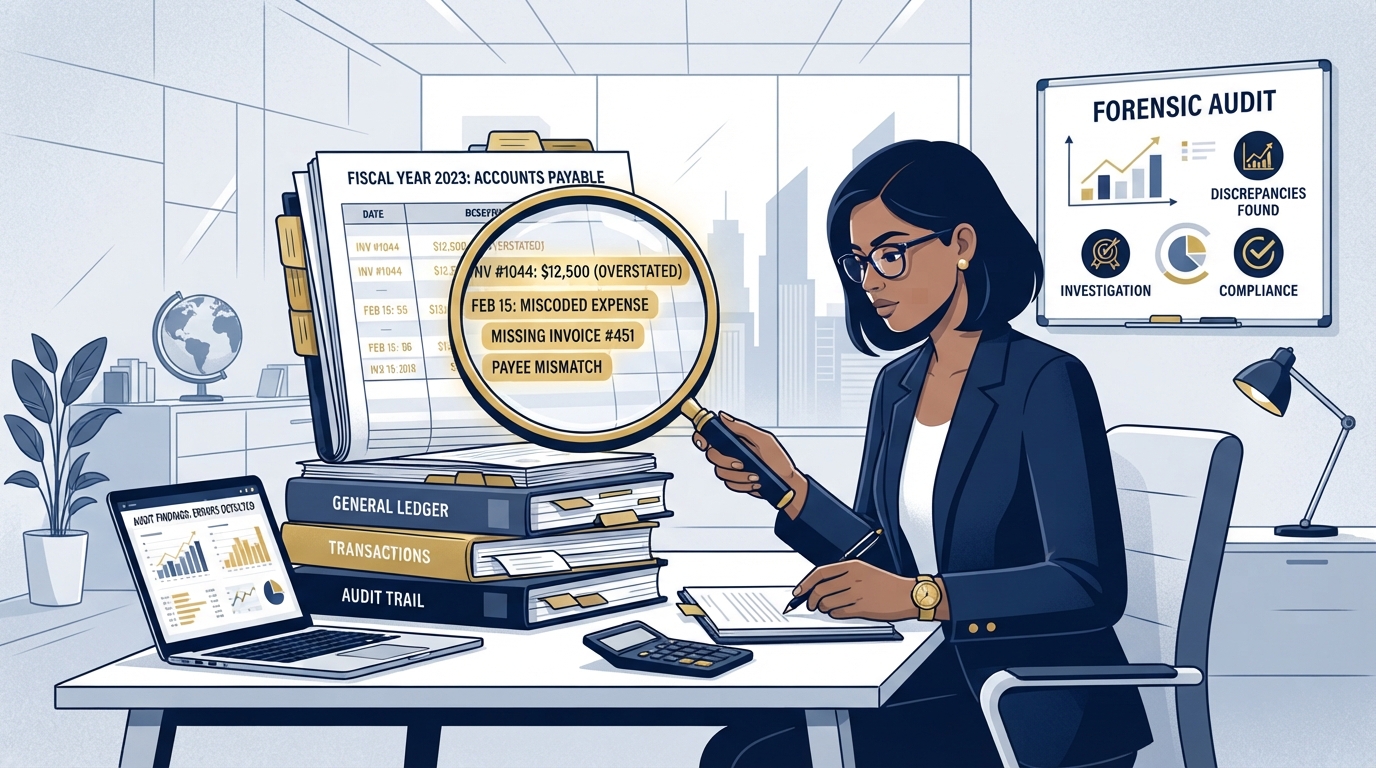 Forensic bookkeeping audit with magnifying glass examining financial ledgers for errors