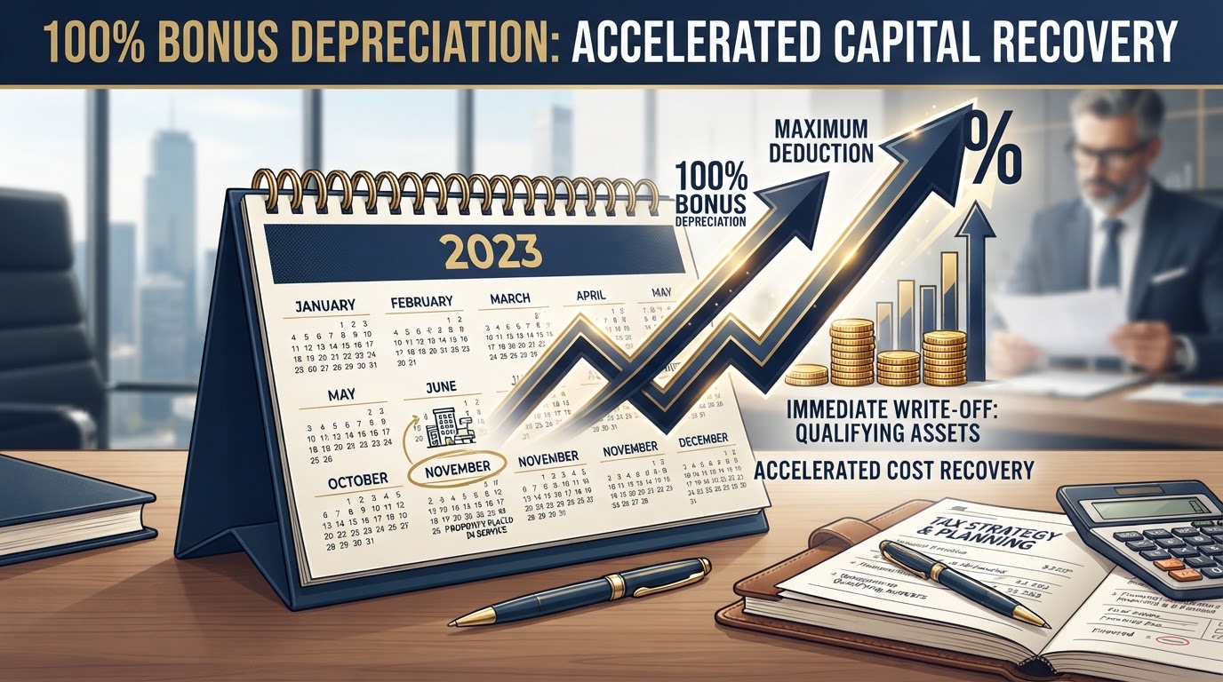Bonus depreciation concept showing property placed in service with accelerated depreciation timeline