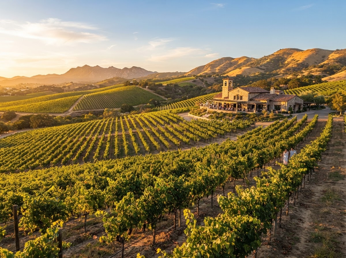 Temecula Valley wine country vineyard rows at golden hour with rolling hills and a winery tasting room
