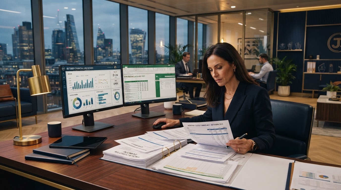 Senior financial controller reviewing monthly close statements