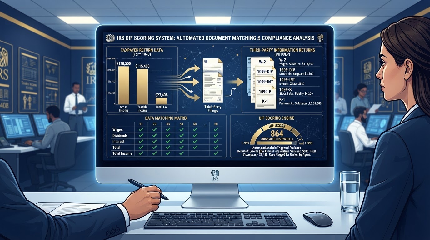 IRS document matching and DIF scoring system comparing tax return data with information returns