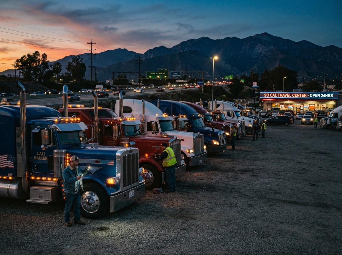 Row of semi-trucks parked at a Southern California truck stop rest area at dusk along the I-10 corridor