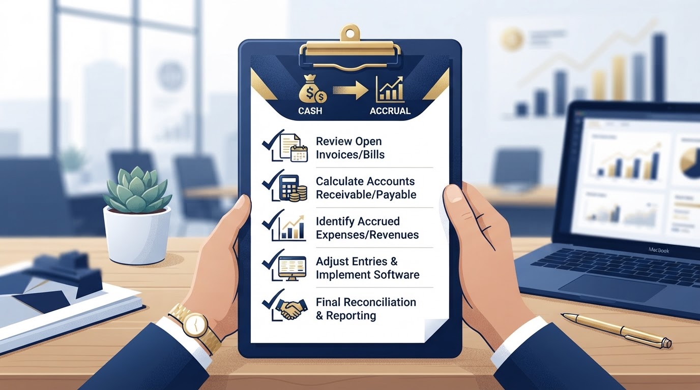 Checklist on a clipboard showing steps for converting from cash to accrual accounting