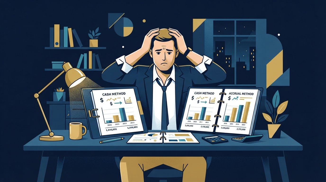 Confused business owner comparing two financial reports with mismatching numbers due to accounting method