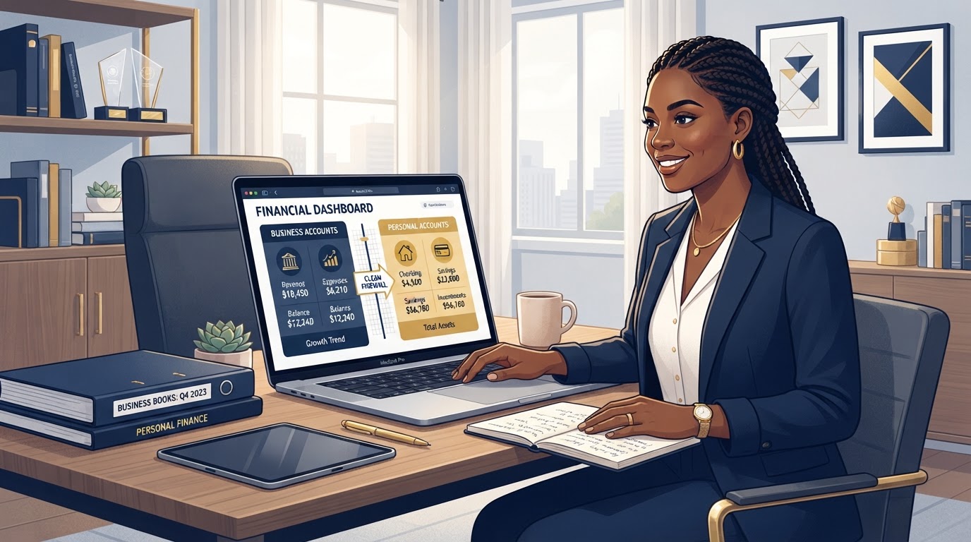 Confident business owner with clean organized books and a clear firewall between personal and business finances