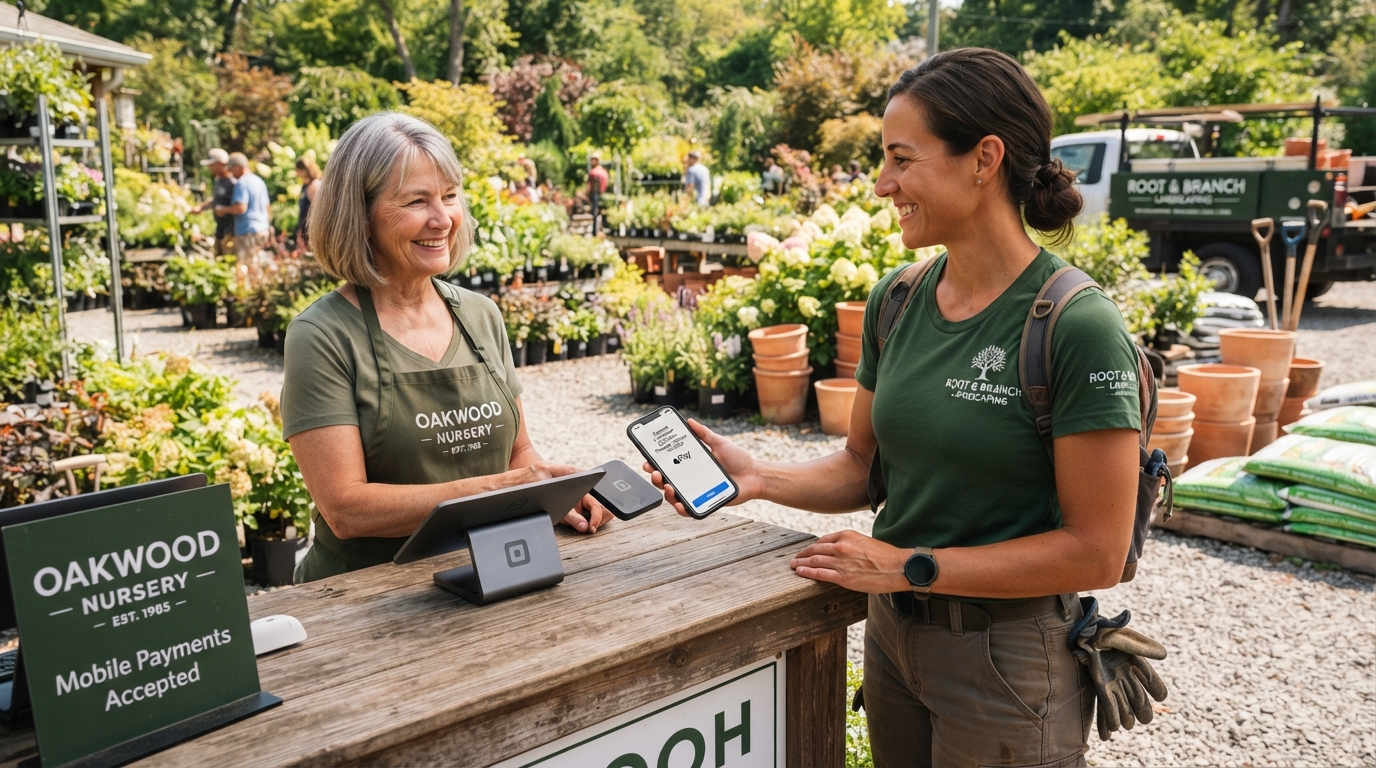 Landscaper using a mobile payment app on phone at a nursery with plants and soil