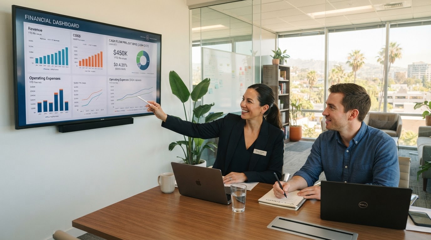 Fractional CFO meeting with a small business owner in a Southern California office reviewing financial dashboards