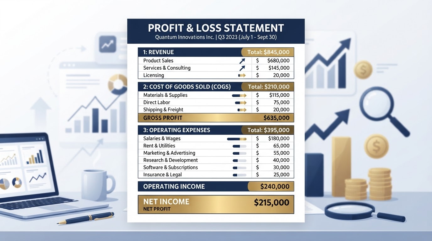 Clean readable profit and loss report with clear category groupings for revenue and expenses