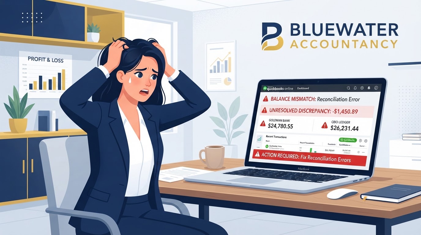 Frustrated business owner looking at a laptop screen showing QuickBooks with mismatched balance errors and red warning indicators
