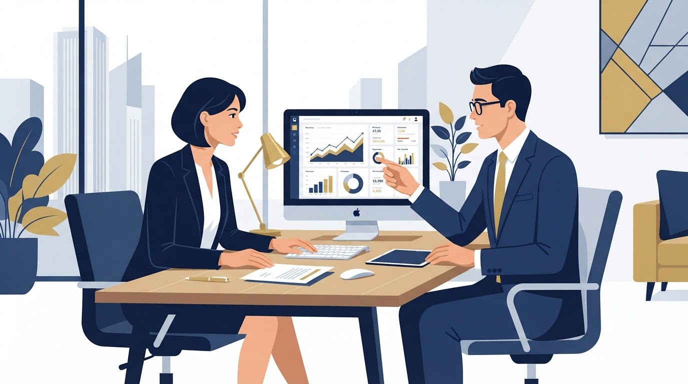 Business owner meeting with an accountant to review financial statements and accounting method